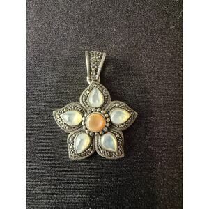 Flower-shaped sterling 925 Pendant is a vintage marcasite mother of pearl (MOP)